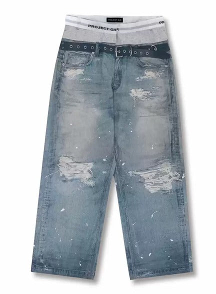 メンズ ダブルウエスト ベルト付きワイドレッグ ルーズ ジーンズ