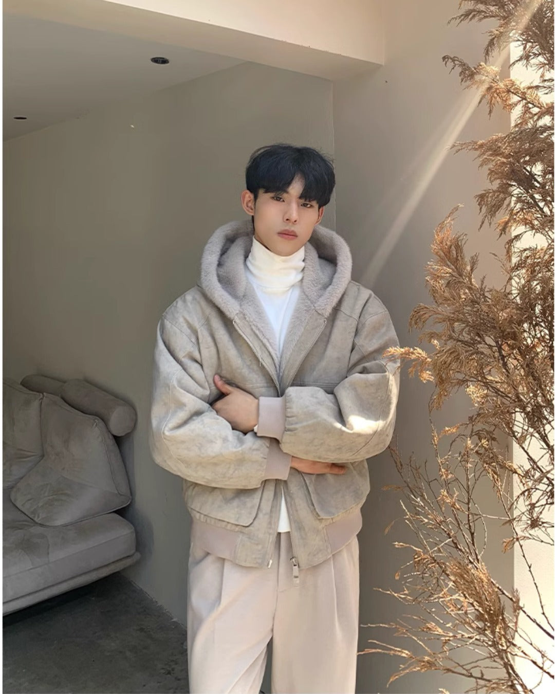 裏ファー フード ジャケット ショート丈 ユニセックス 春 nr8003