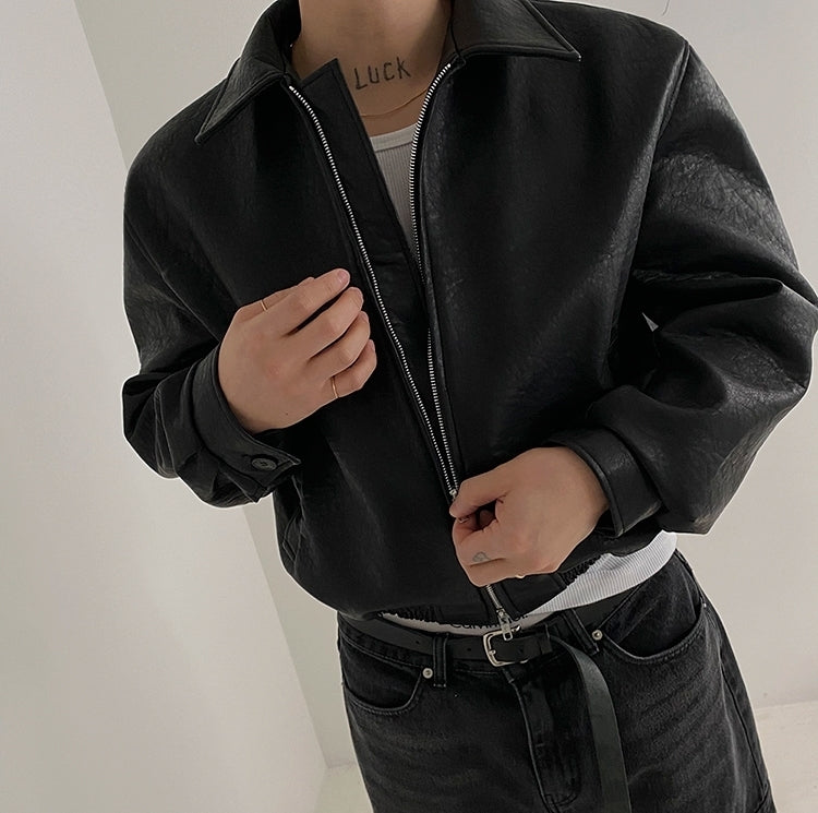 ショート レザー ジャケット 韓国 ブルゾン 秋冬 2色 hr6310