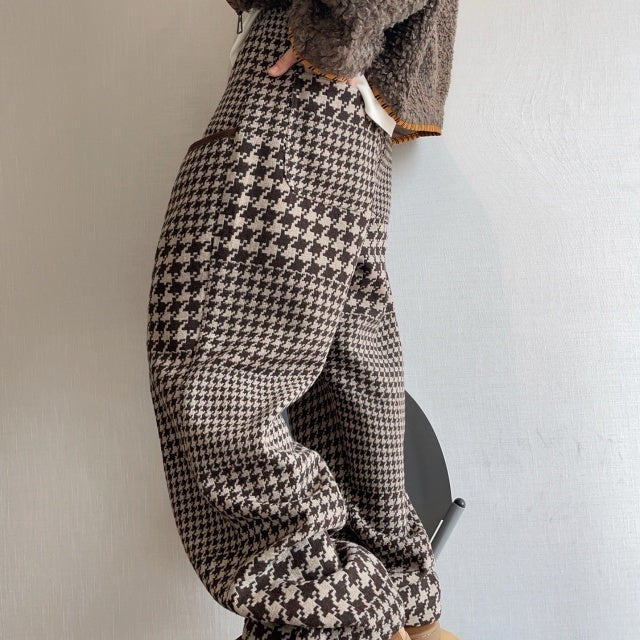 パンツ 千鳥格子柄 ブラウン 暖かい ゆったり ボトムス メンズ