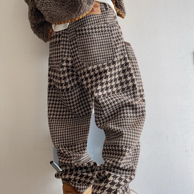 パンツ 千鳥格子柄 ブラウン 暖かい ゆったり ボトムス メンズ