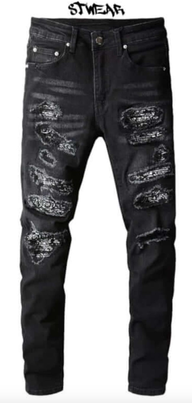 【STWEAR】大人気♪ UKドリル BLACK BANDANA ダメージジーンズ