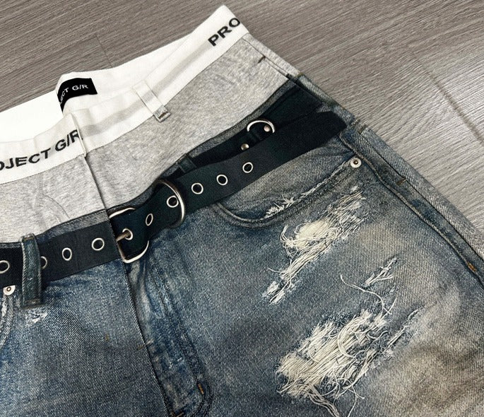 メンズ ダブルウエスト ベルト付きワイドレッグ ルーズ ジーンズ