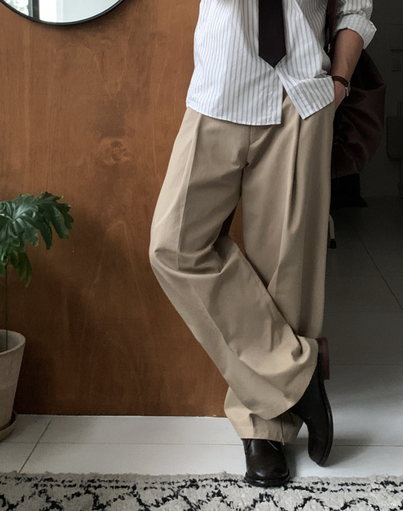 【LOOKPLE】Back Banding Cotton One Tuck Wide Pants ★