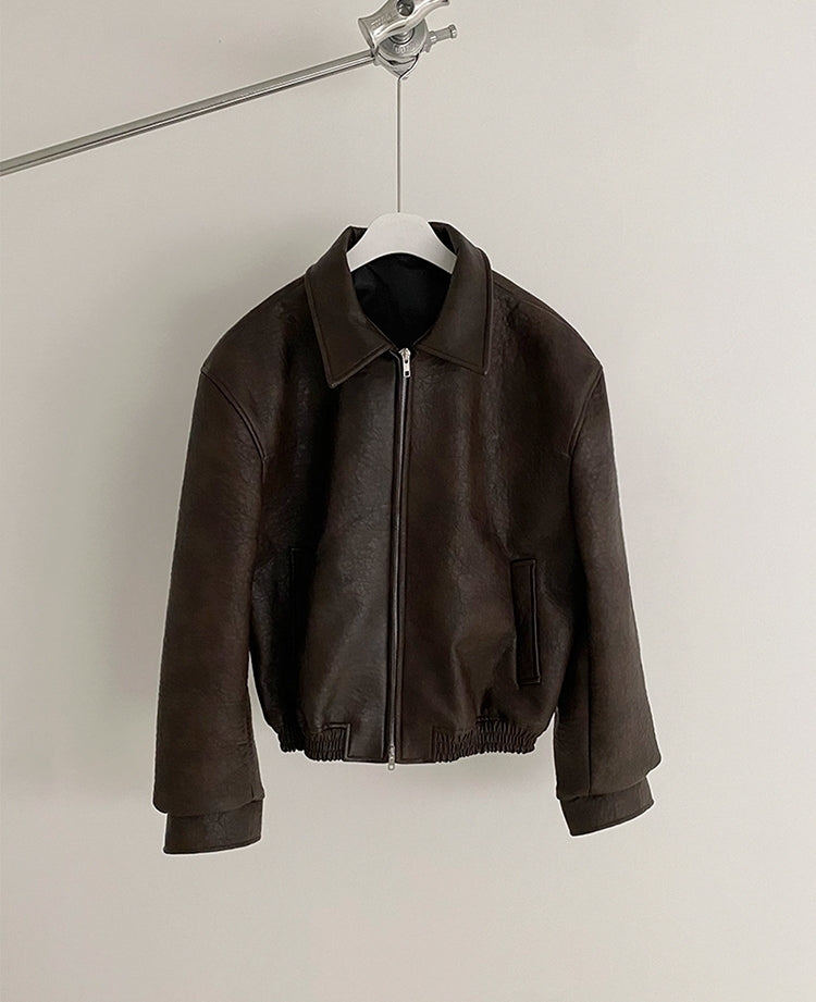 ショート レザー ジャケット 韓国 ブルゾン 秋冬 2色 hr6310