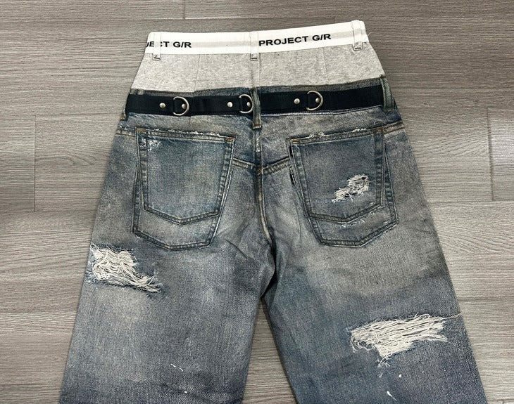 メンズ ダブルウエスト ベルト付きワイドレッグ ルーズ ジーンズ