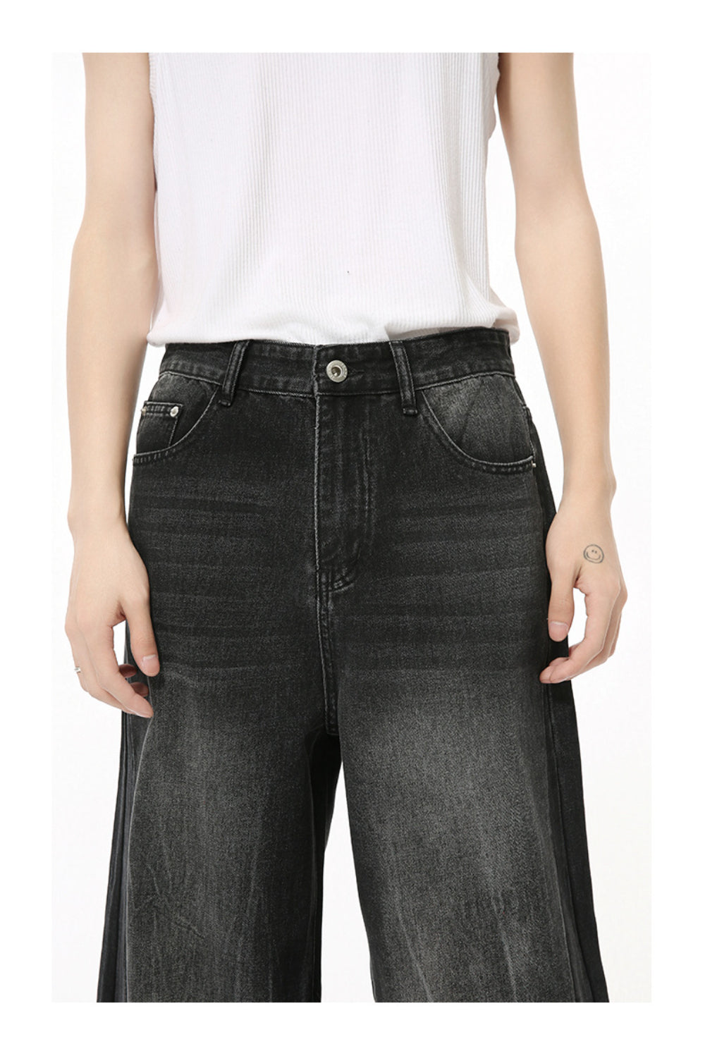 MTLCLOTHES ワイドデニムパンツ ウォッシュド 無地 ジーンズ