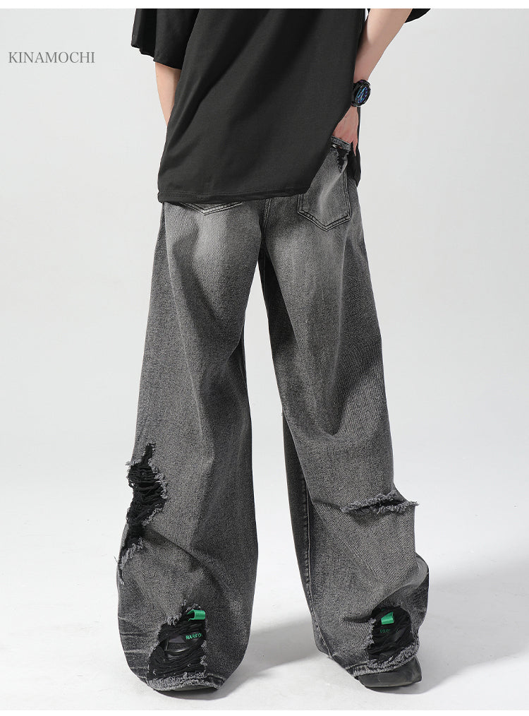 ワイドパンツ ダメージデニム ハイウエスト ルーズ 韓国