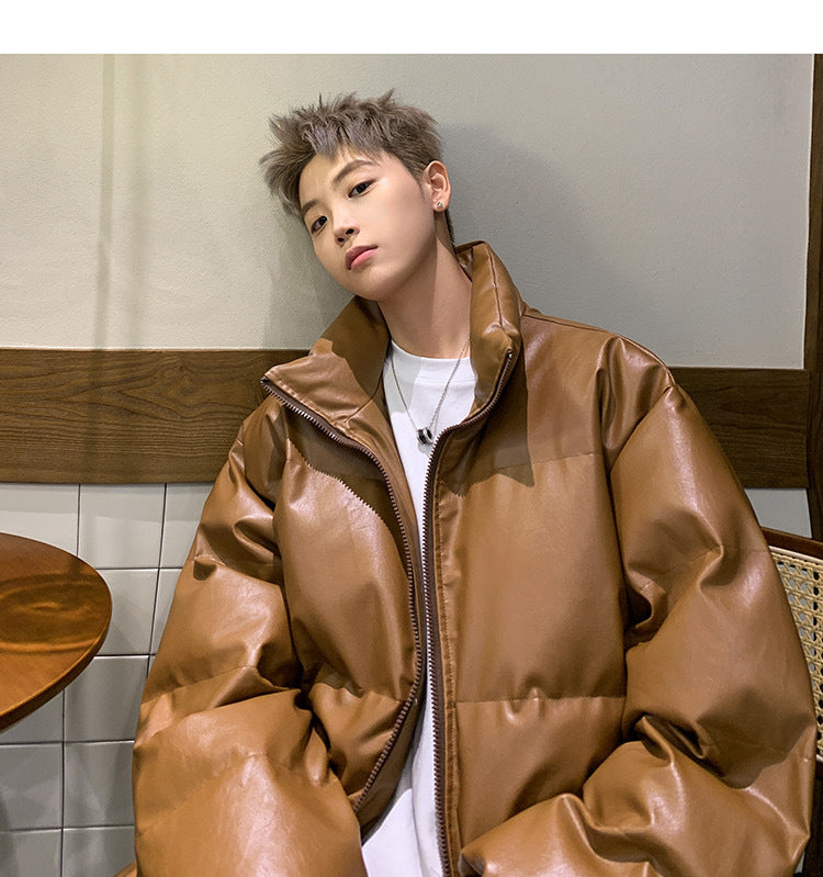 メンズ無地PUレザーダウンジャケットアウター冬