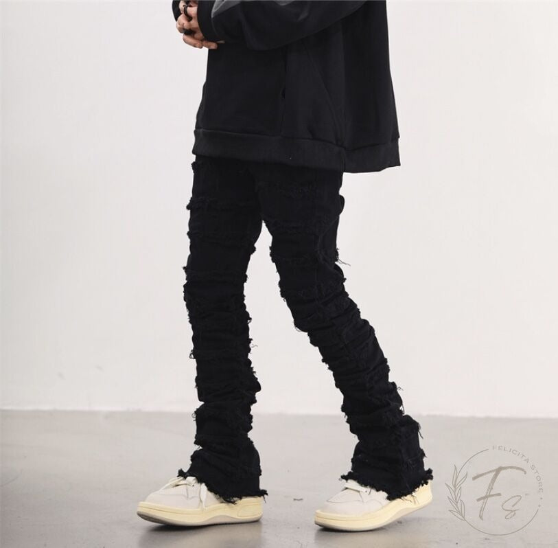 メンズ クラッシュ デニムパンツ フレア ストリートスタイル