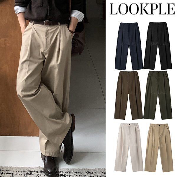 【LOOKPLE】Back Banding Cotton One Tuck Wide Pants ★