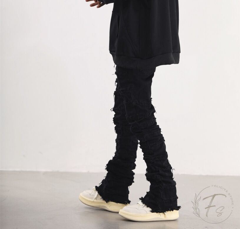 メンズ クラッシュ デニムパンツ フレア ストリートスタイル