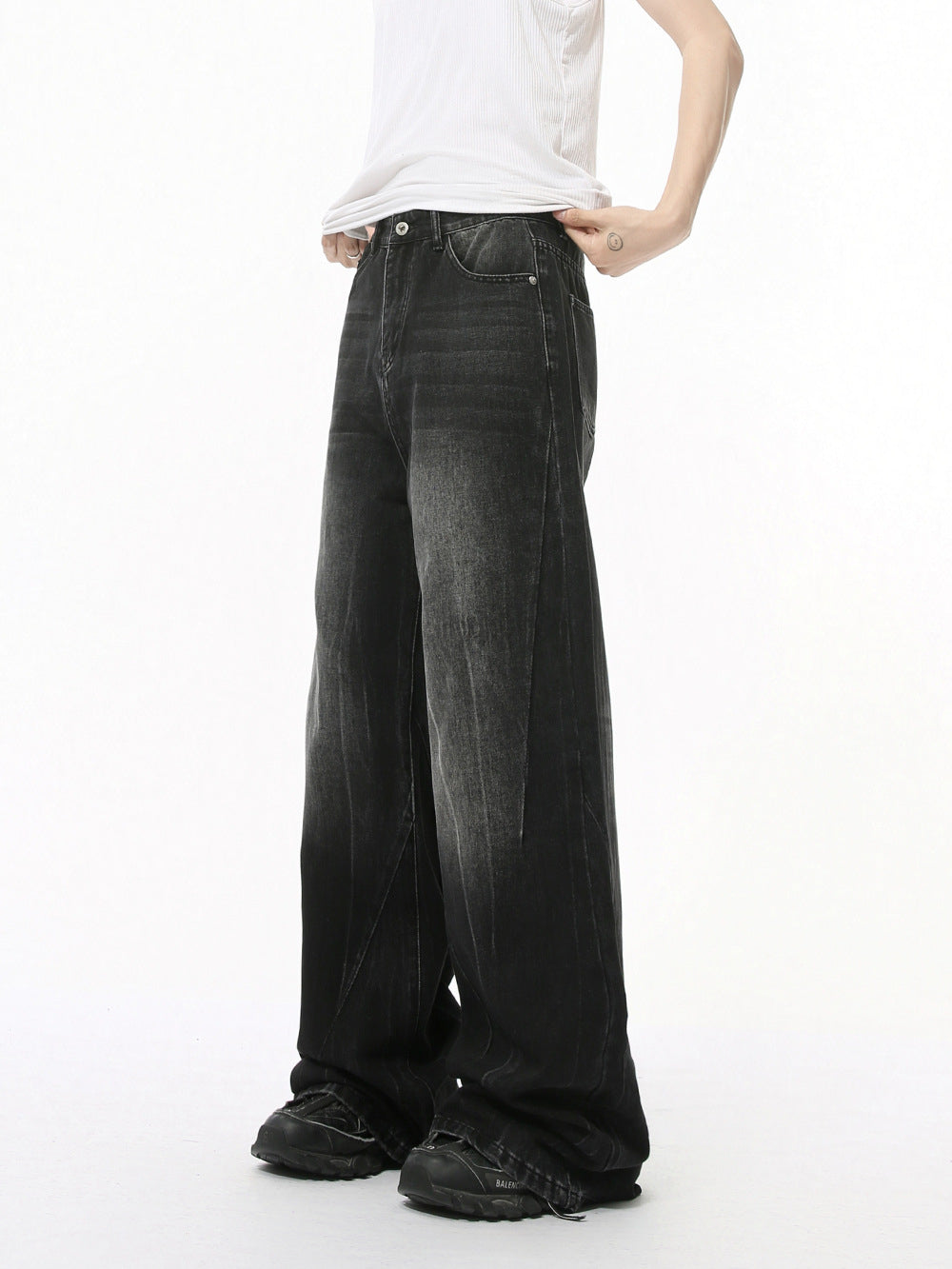 MTLCLOTHES ワイドデニムパンツ ウォッシュド 無地 ジーンズ