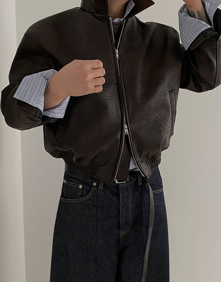 ショート レザー ジャケット 韓国 ブルゾン 秋冬 2色 hr6310