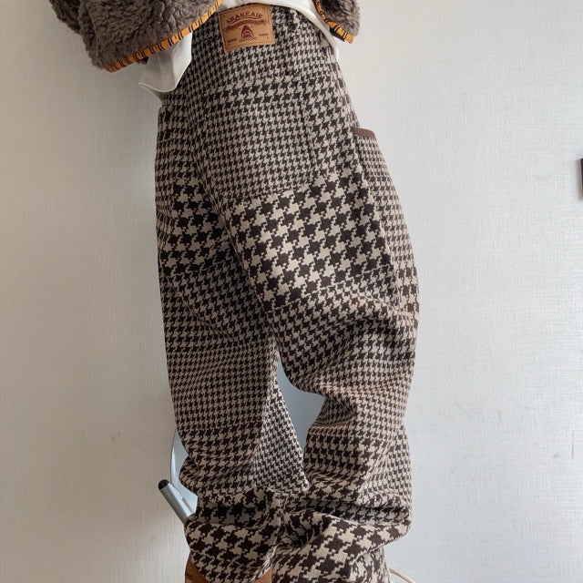 パンツ 千鳥格子柄 ブラウン 暖かい ゆったり ボトムス メンズ