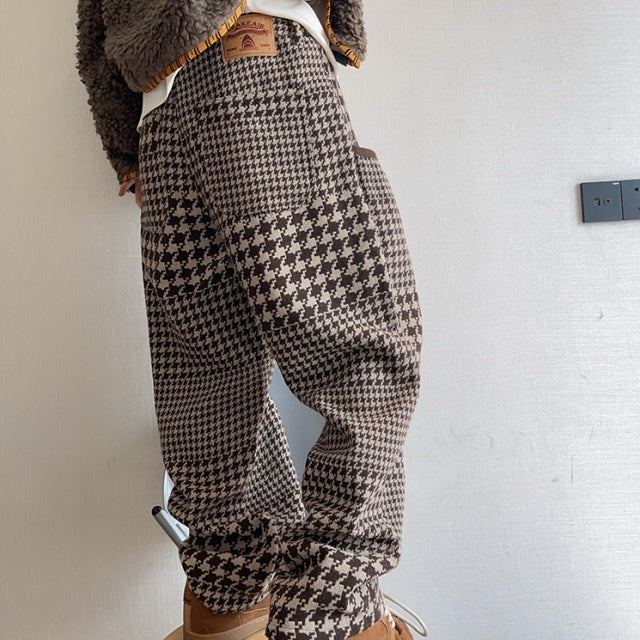 パンツ 千鳥格子柄 ブラウン 暖かい ゆったり ボトムス メンズ