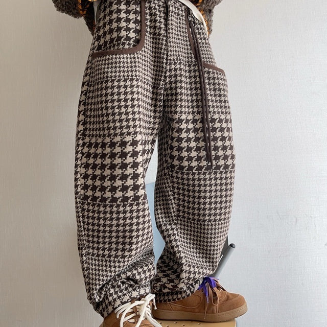パンツ 千鳥格子柄 ブラウン 暖かい ゆったり ボトムス メンズ