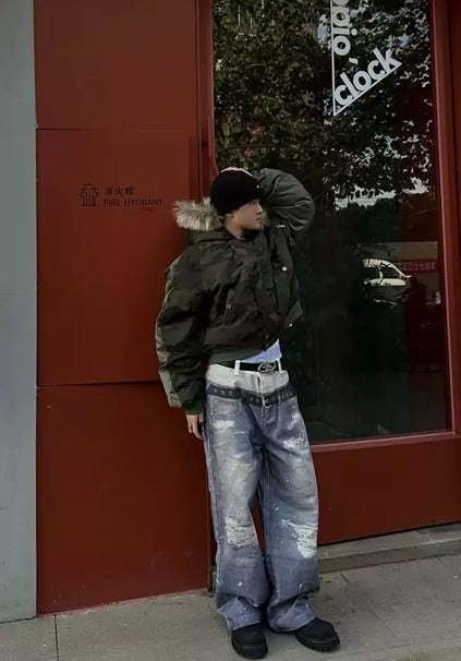 メンズ ダブルウエスト ベルト付きワイドレッグ ルーズ ジーンズ