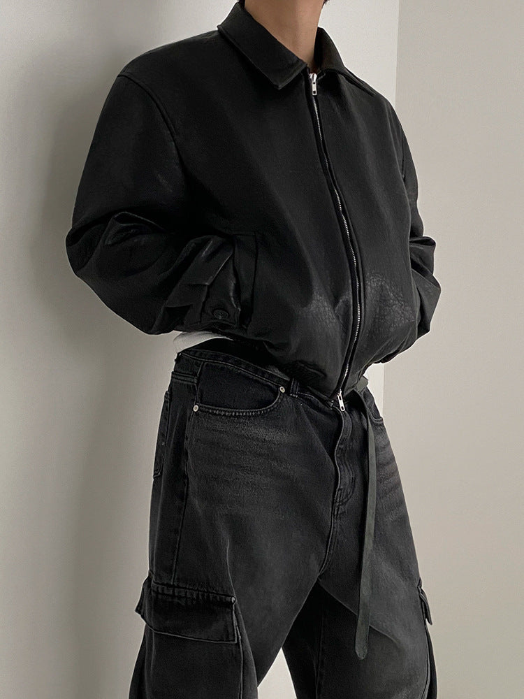 ショート レザー ジャケット 韓国 ブルゾン 秋冬 2色 hr6310