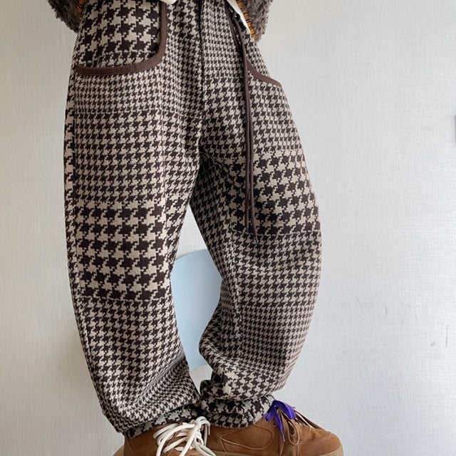 パンツ 千鳥格子柄 ブラウン 暖かい ゆったり ボトムス メンズ