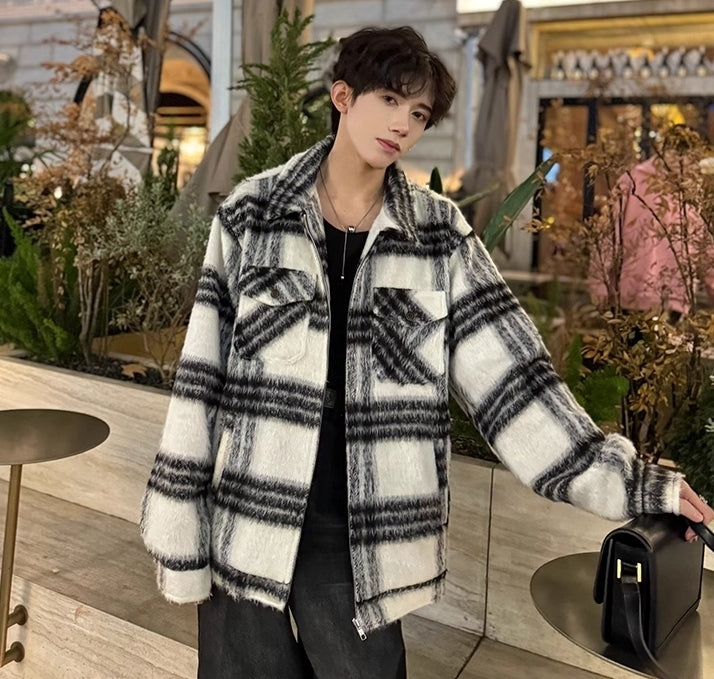 モヘアタッチ チェック ブルゾン ジップアップ アウター nr2561