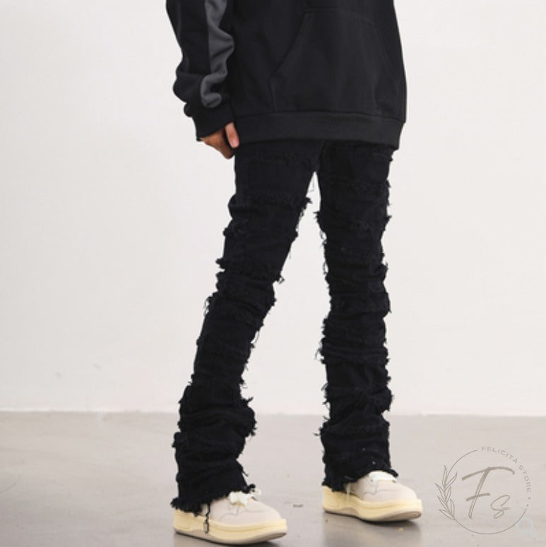 メンズ クラッシュ デニムパンツ フレア ストリートスタイル