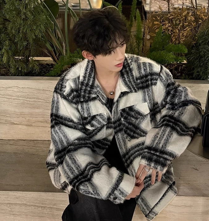 モヘアタッチ チェック ブルゾン ジップアップ アウター nr2561