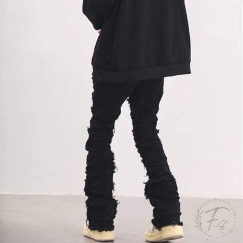 メンズ クラッシュ デニムパンツ フレア ストリートスタイル