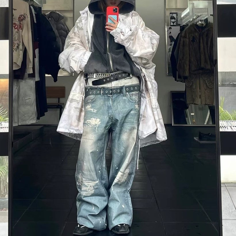 メンズ ダブルウエスト ベルト付きワイドレッグ ルーズ ジーンズ