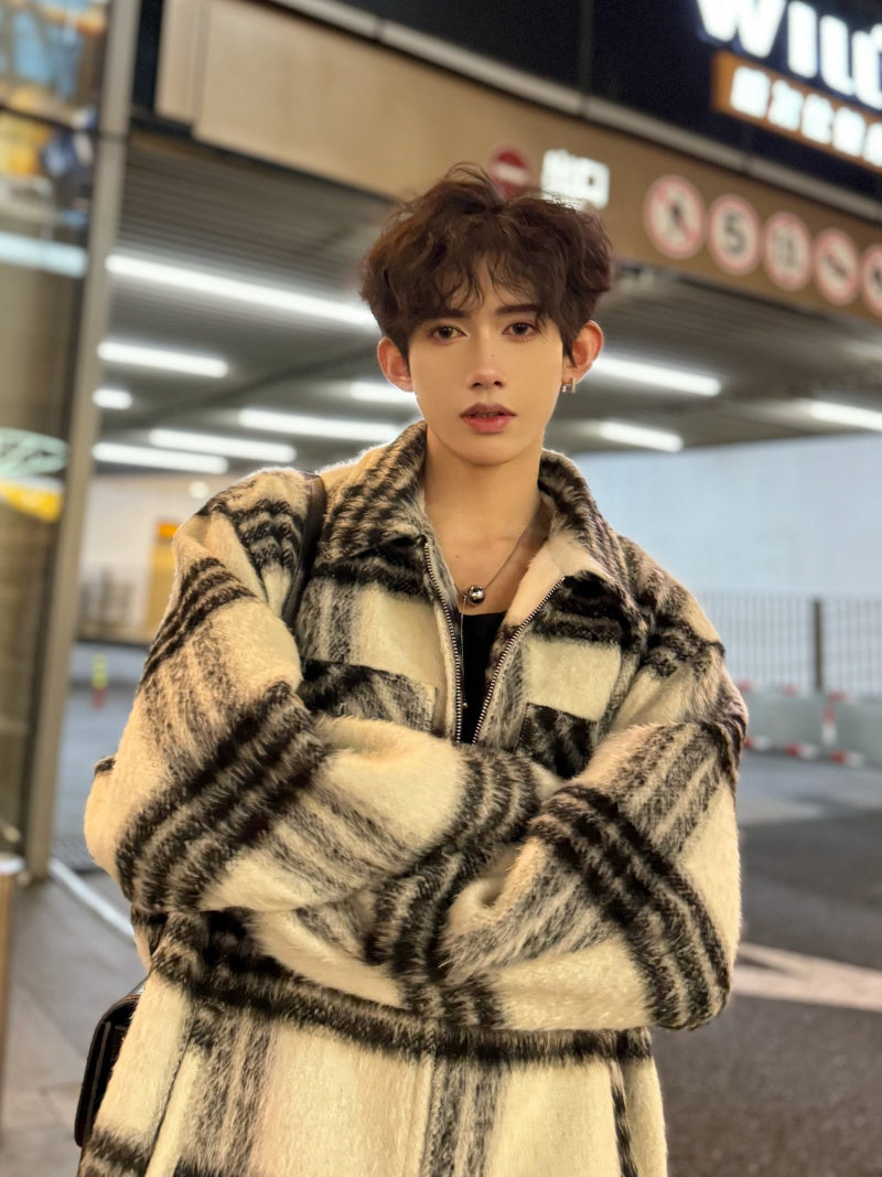 モヘアタッチ チェック ブルゾン ジップアップ アウター nr2561