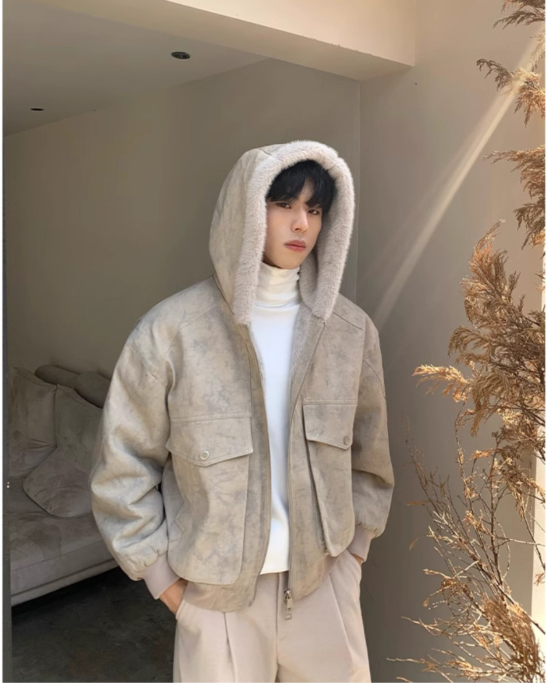 裏ファー フード ジャケット ショート丈 ユニセックス 春 nr8003