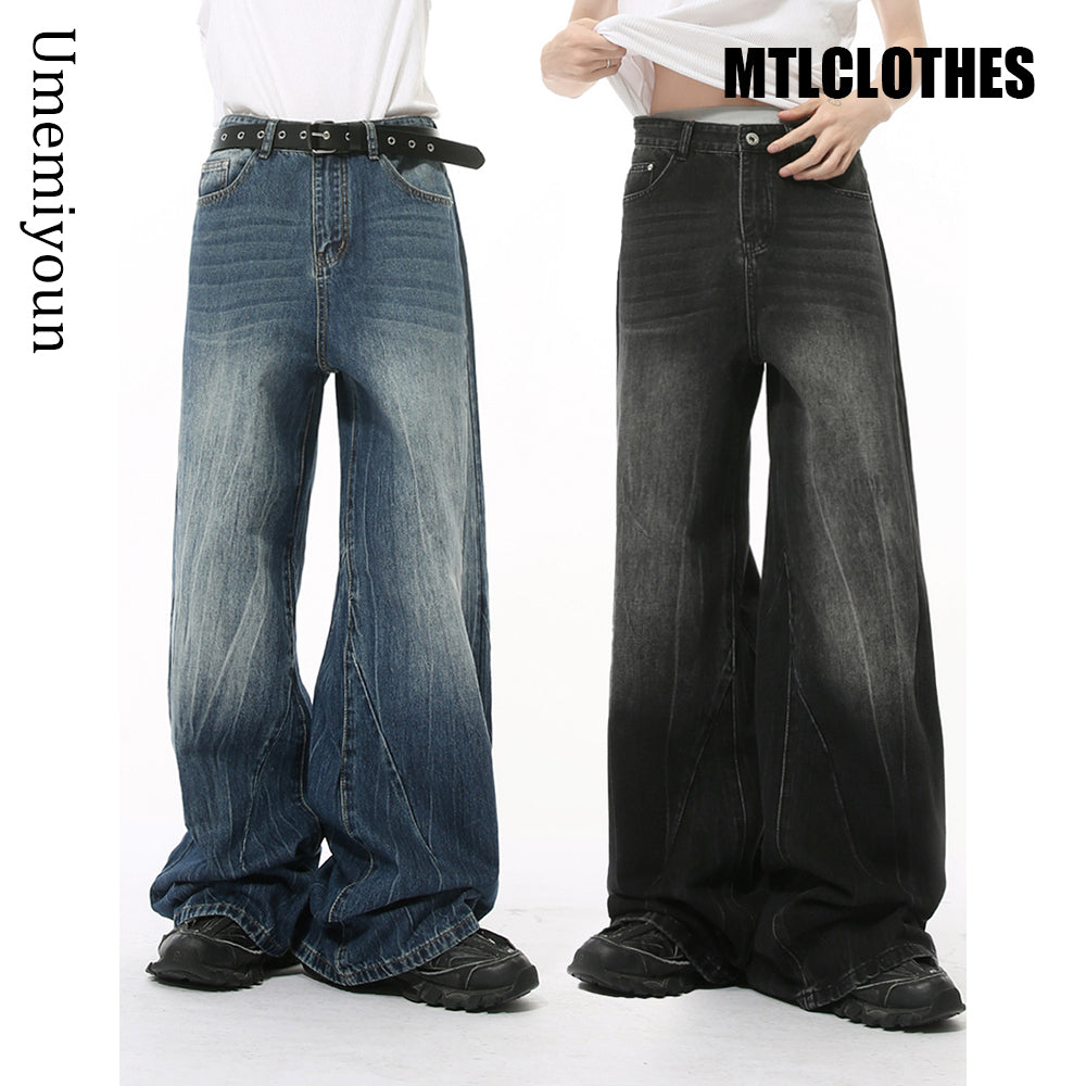 MTLCLOTHES ワイドデニムパンツ ウォッシュド 無地 ジーンズ