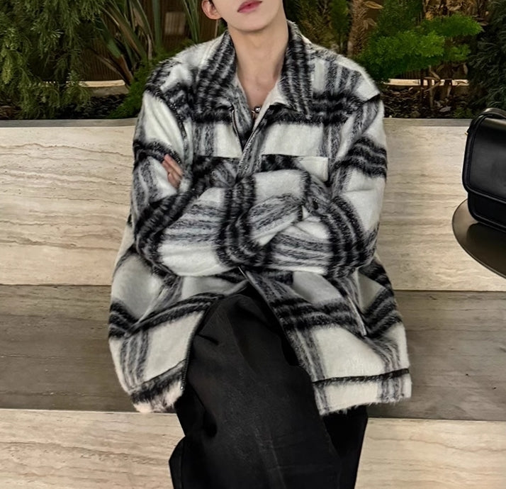 モヘアタッチ チェック ブルゾン ジップアップ アウター nr2561