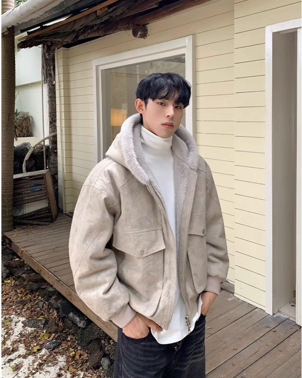 裏ファー フード ジャケット ショート丈 ユニセックス 春 nr8003