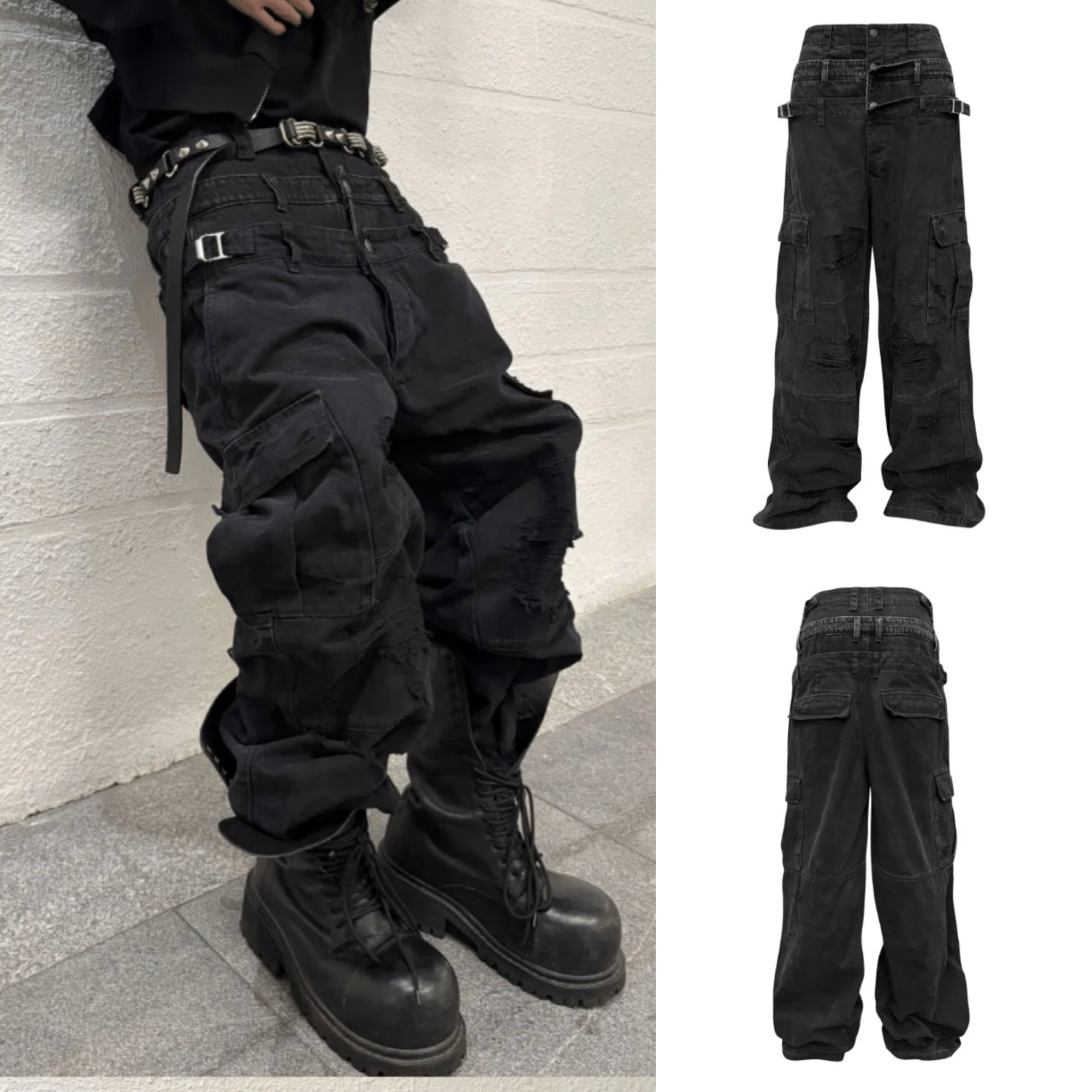 国内で当店のみ GOJOYJINNI - Waistband Distressed Cargo Jeans