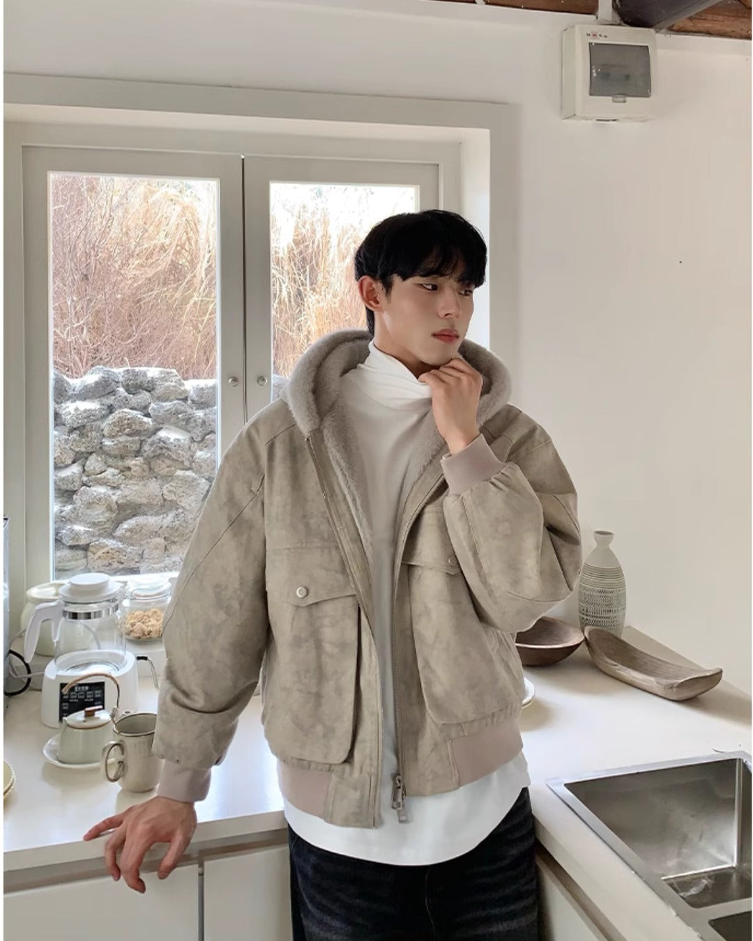 裏ファー フード ジャケット ショート丈 ユニセックス 春 nr8003