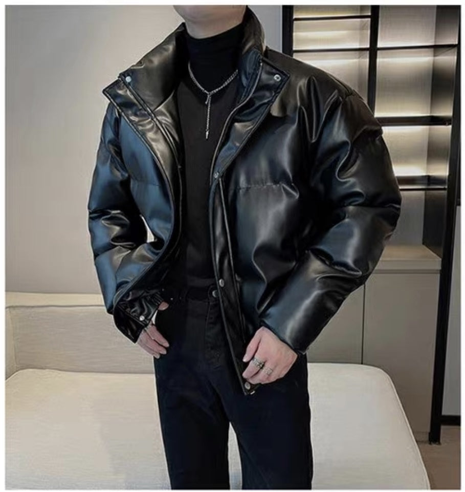 メンズ無地PUレザーダウンジャケットアウター秋冬