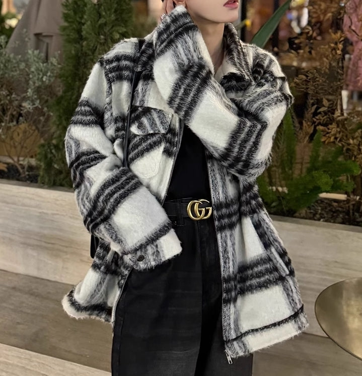 モヘアタッチ チェック ブルゾン ジップアップ アウター nr2561