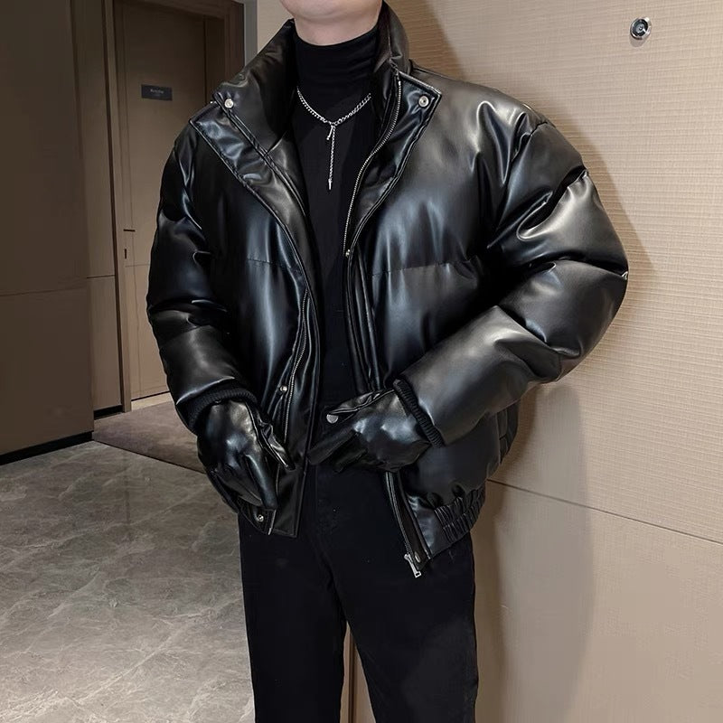 メンズ無地PUレザーダウンジャケットアウター秋冬