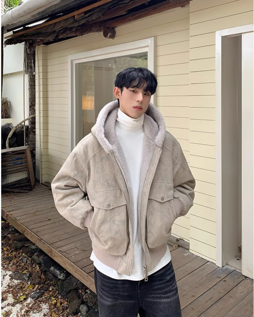 裏ファー フード ジャケット ショート丈 ユニセックス 春 nr8003