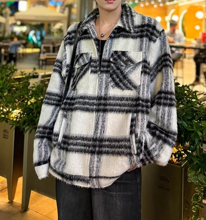 モヘアタッチ チェック ブルゾン ジップアップ アウター nr2561