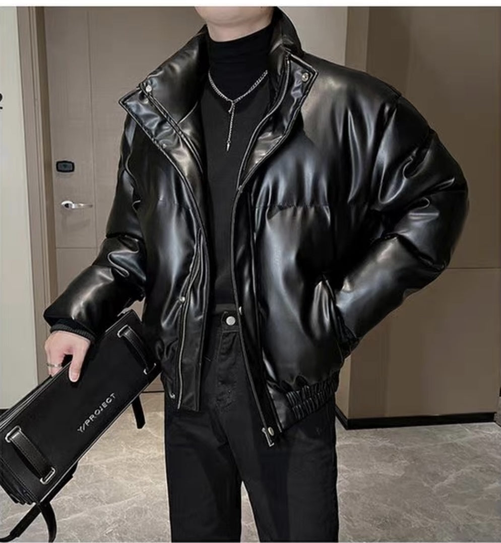 メンズ無地PUレザーダウンジャケットアウター秋冬