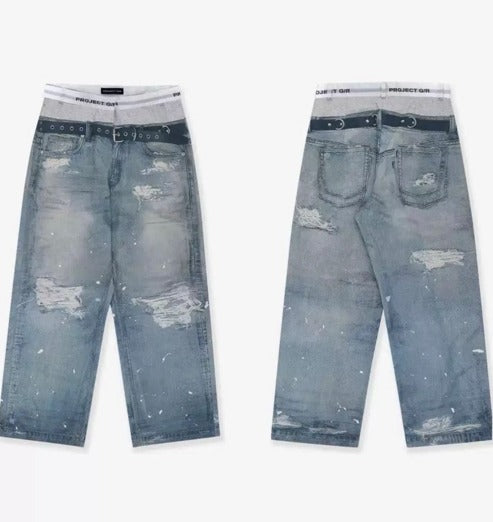 メンズ ダブルウエスト ベルト付きワイドレッグ ルーズ ジーンズ