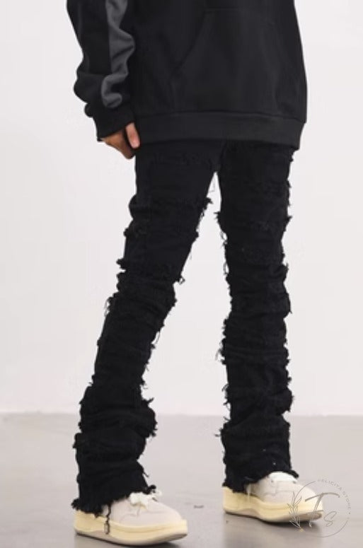 メンズ クラッシュ デニムパンツ フレア ストリートスタイル