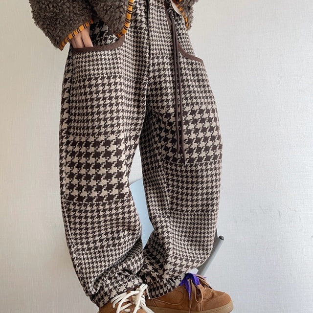 パンツ 千鳥格子柄 ブラウン 暖かい ゆったり ボトムス メンズ