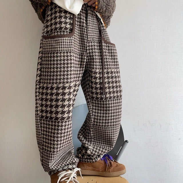 パンツ 千鳥格子柄 ブラウン 暖かい ゆったり ボトムス メンズ