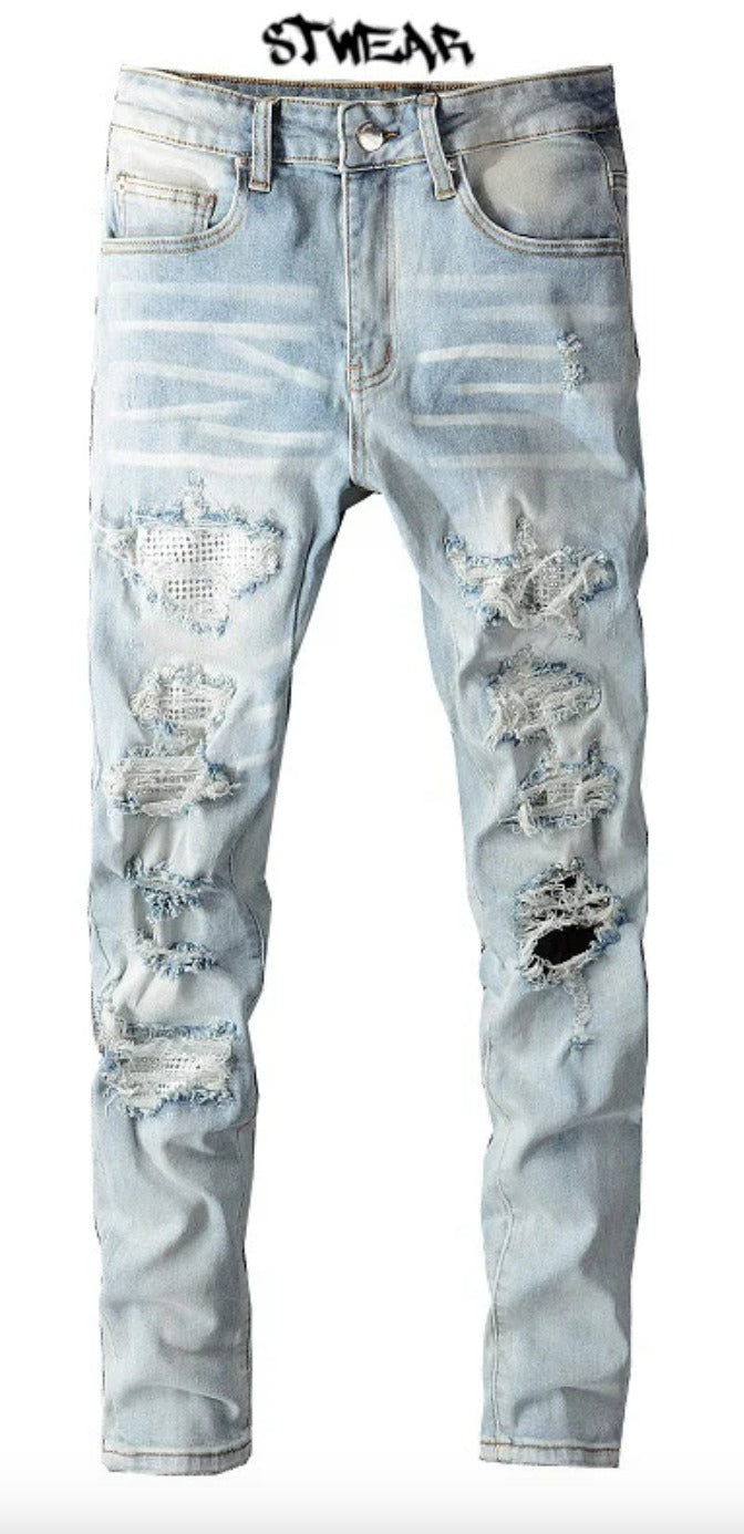 【STWEAR】大人気♪ UKドリル SKYER ダメージクリスタルジーンズ