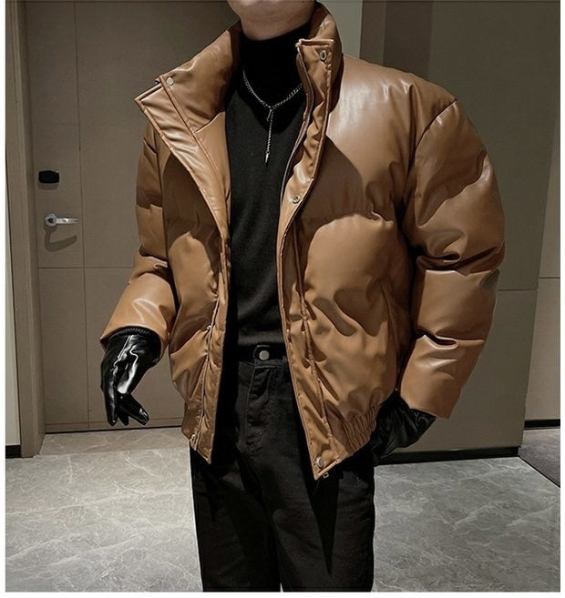 メンズ無地PUレザーダウンジャケットアウター秋冬