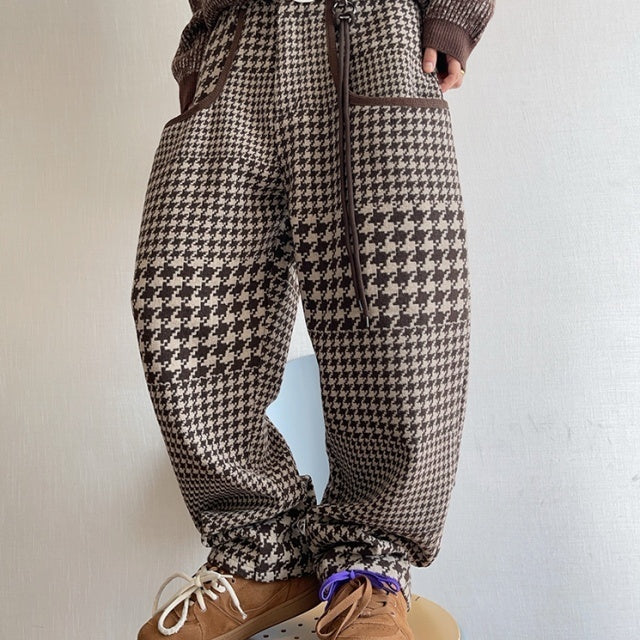 パンツ 千鳥格子柄 ブラウン 暖かい ゆったり ボトムス メンズ