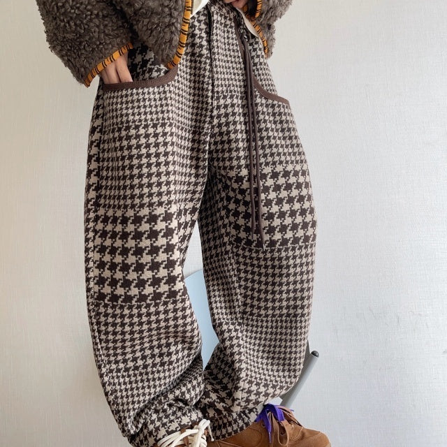 パンツ 千鳥格子柄 ブラウン 暖かい ゆったり ボトムス メンズ